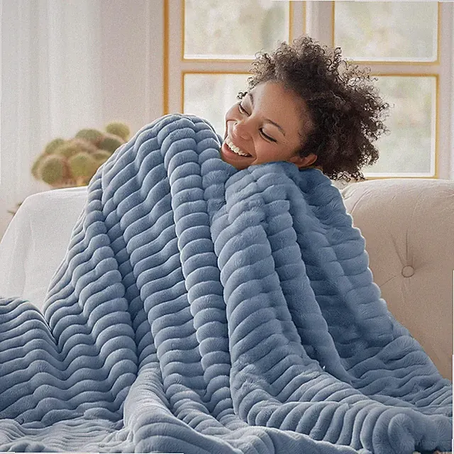 Blue Twin XL Fleece Blanket 66x90 Ultra Soft Lightweight Striped Flannel Throw