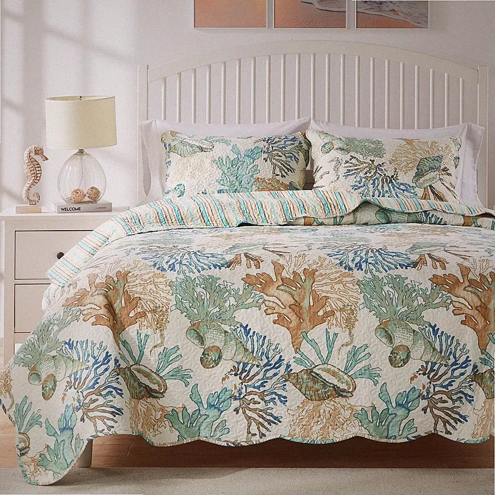 Coastal Ocean Botanical Twin Xl Bedding Set Quilt And Pillow Shams