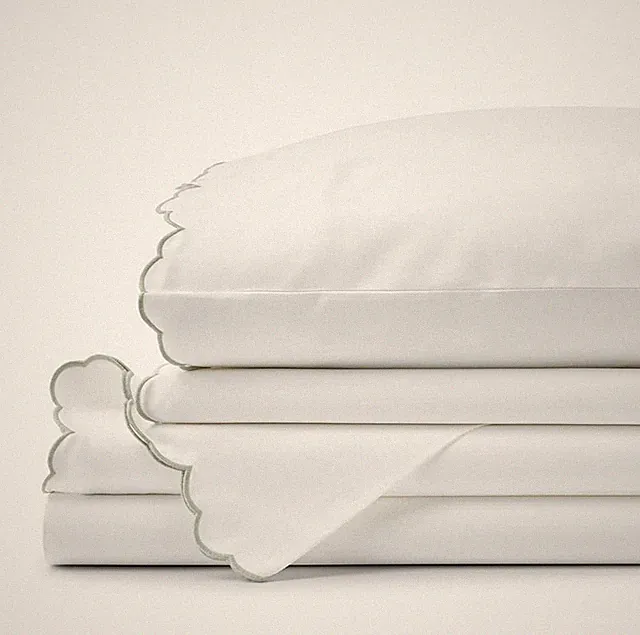 Embroidered Scallop Classic Smooth Sateen Solid Bed Sheet Set - Light Sage, Twin