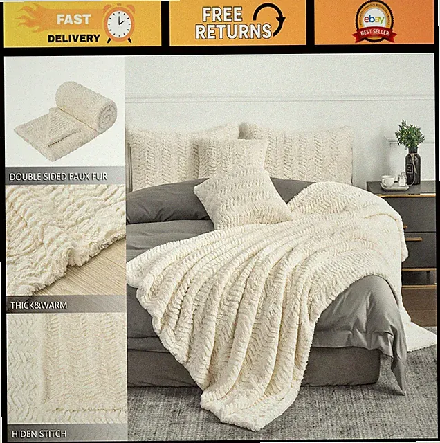 Luxury Faux Fur Twin XL Blanket, 2 Layers, 5.2lb Soft Cozy Throw, Ivory 63"x90