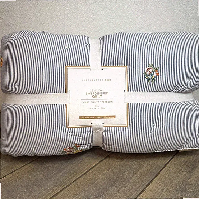 POTTERY BARN TEEN DELILAH EMBROIDERED COTTON QUILT, TWIN/XL~ BLUE STRIPES FLORAL