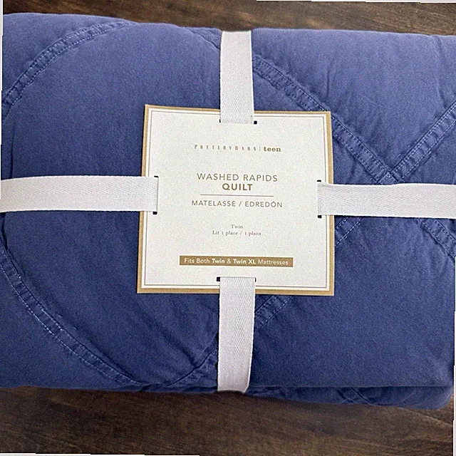 POTTERY BARN TEEN WASHED RAPIDS QUILT COTTON DENIM TWIN/XL ~ FADED NAVY BLUE